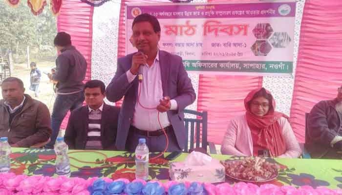 সাপাহারে বস্তায় আদা চাষ পদ্ধতির মাঠ দিবস অনুষ্ঠিত