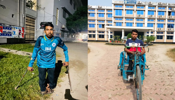 অকেজো দুই পা নিয়ে ডেলিভারির কাজ করে পড়াশোনার খরচ চালান রাবির বিশ্বজিৎ