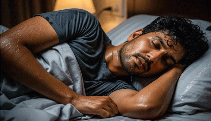 রাতে শুয়ে গরম লাগে? জামাকাপড় ভিজে যায় ঘামে, কিসের লক্ষণ? রাতে শুয়ে গরম লাগে? জামাকাপড় ভিজে যায় ঘামে, কিসের লক্ষণ?