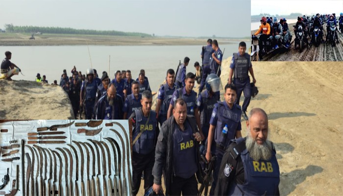 পদ্মার চরে 'অপারেশন ফার্স্ট লাইট: ২১ জন 'কাকন বাহিনী' সদস্য গ্রেফতার, বিপুল অস্ত্র ও মাদক উদ্ধার