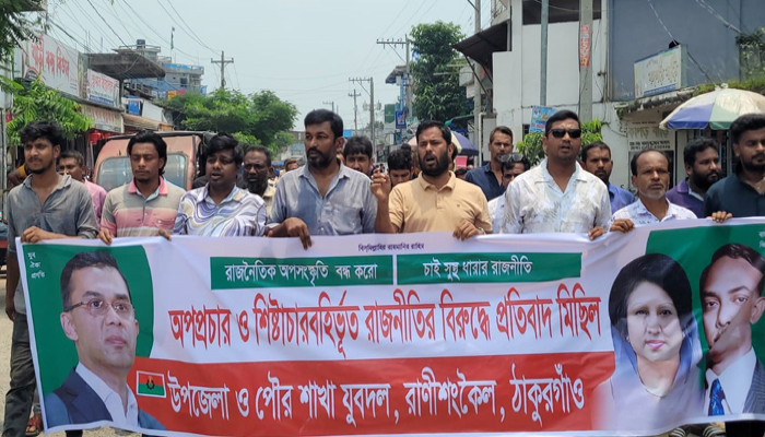 অপপ্রচার ও রাজনৈতিক কুরুচির বিরুদ্ধে রাণীশংকৈলে যুবদলের প্রতিবাদ, বিক্ষোভমিছিল ও সমাবেশ