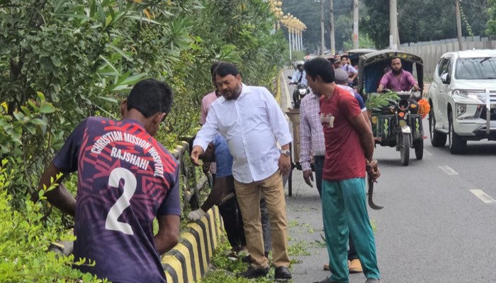 নগরীর সড়ক আইল্যান্ডে গাছের পরিচর্যা পরিদর্শনে রাসিক প্রশাসক