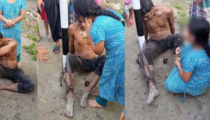 চুরির অভিযোগে আটক ক্ষুধার্ত বাবার মুখে রুটি তুলে দিচ্ছে মেয়ে